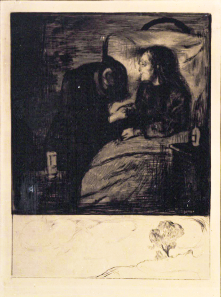 愛德華・孟克(Edvard Munch)《病中女孩(The Sick Child)》<br>1894年 直刻法、滾點刀・紙<br>38.7×29.2cm 
