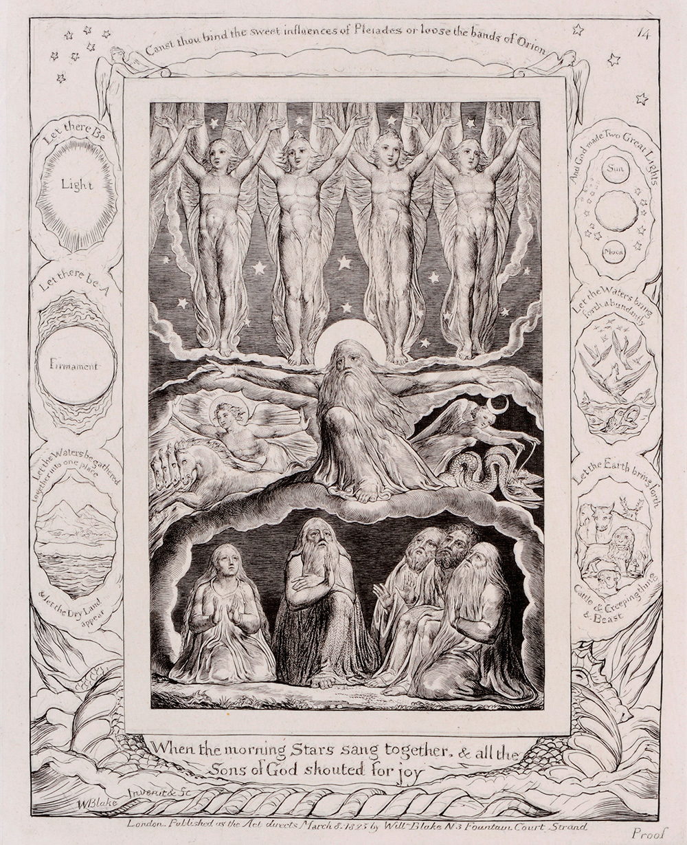 威廉・布莱克(William Blake)　《『約伯記』 第14圖 當晨星齊唱時(Book of Job 14: When the Morning Stars Sang Together)》<br>1823年-1826年  雕板・紙<br>19.1×14.9cm