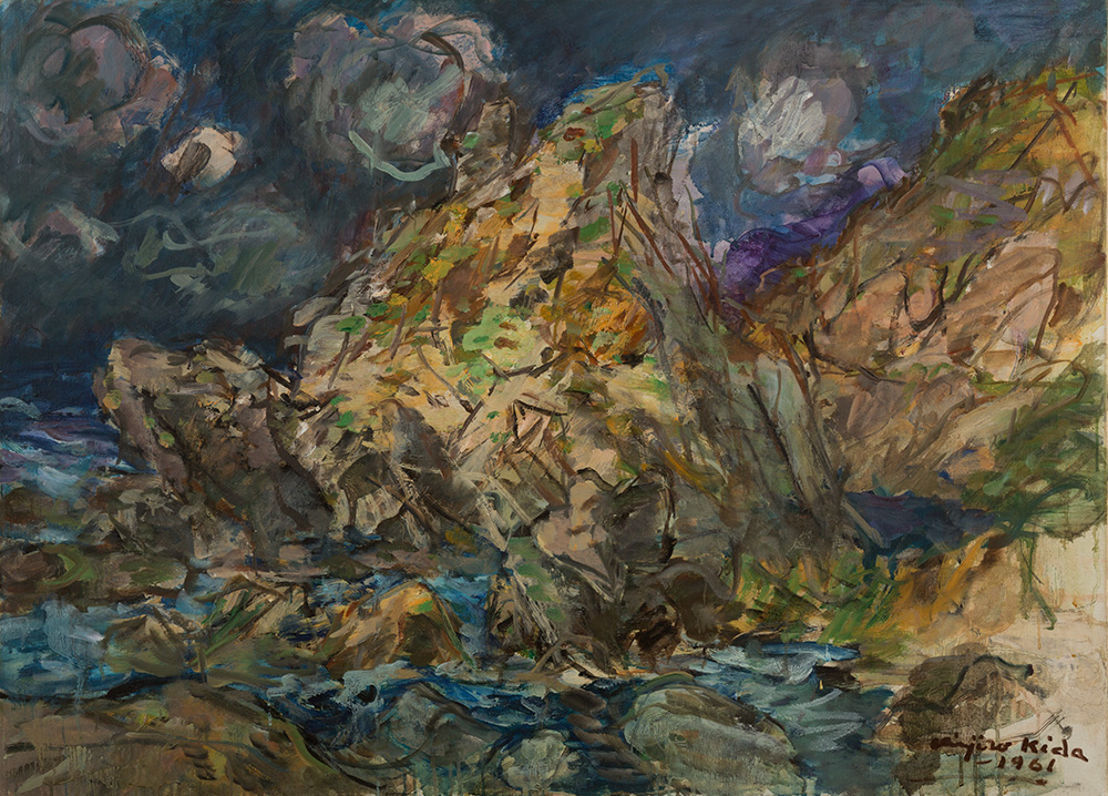 木田金次郎《秋天的茂岩》<br>1961年(昭和36年)  <br>油彩・畫布<br>72.7×100.0cm 