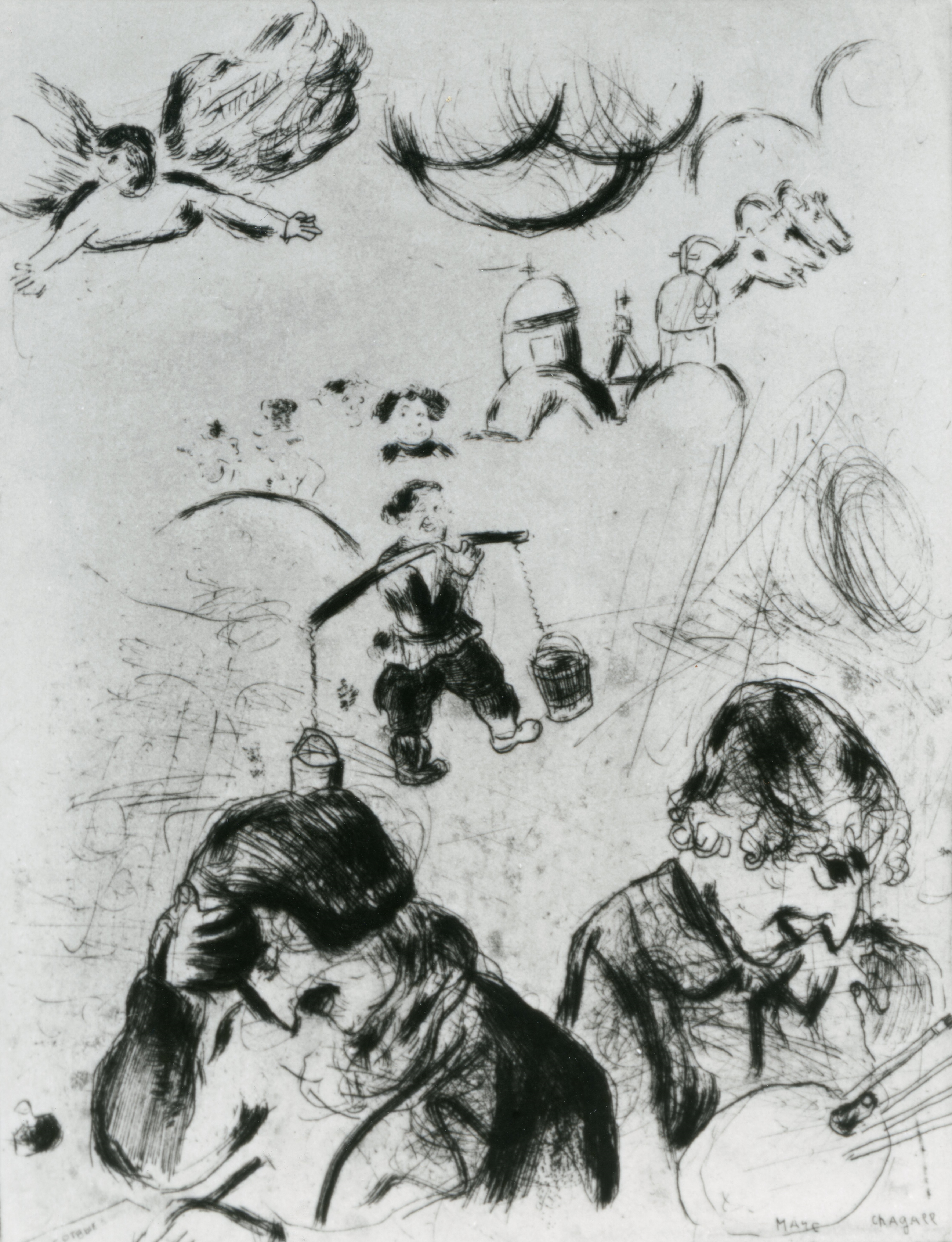 シャガール・イン・プリント<br>マルク・シャガール『死せる魂』より《ゴーゴリとシャガール》1925 年<br>© ADAGP, Paris & JASPAR, Tokyo, 2022, Chagall®　G2792